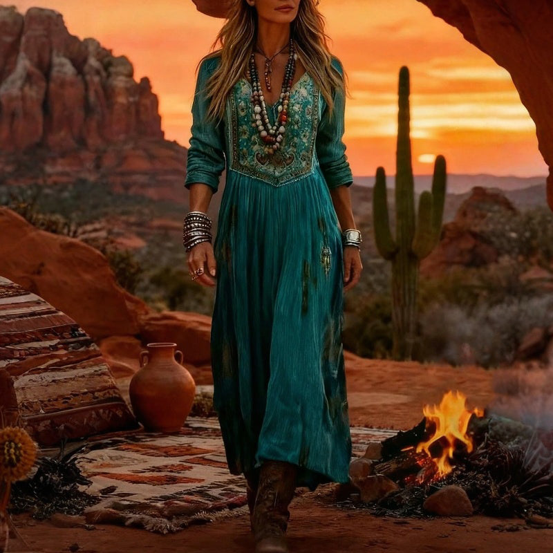 Maeve | Teal Border-Print Maxi Dress