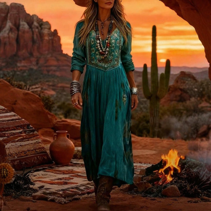 Maeve | Teal Border-Print Maxi Dress