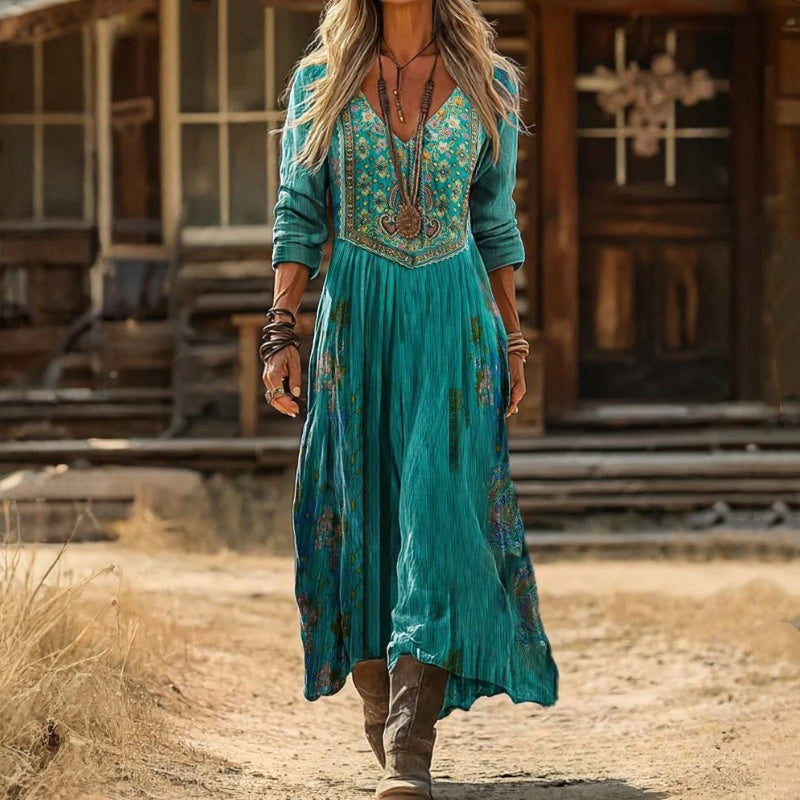 Maeve | Teal Border-Print Maxi Dress