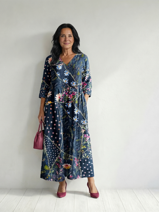 Cassandra | Gathered Patchwork Midi Dress