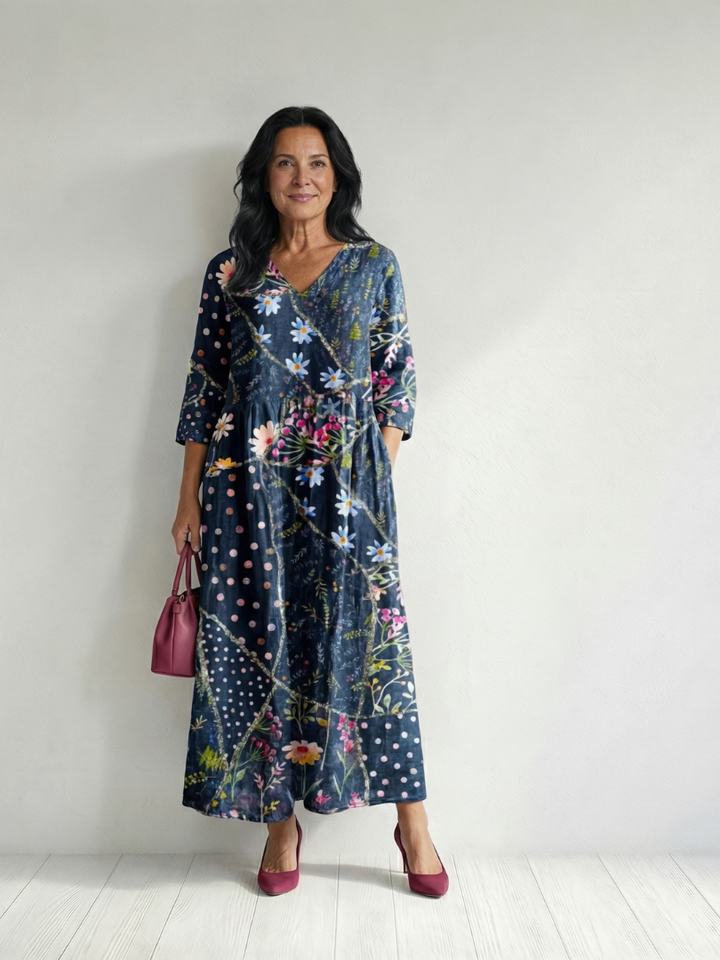 Cassandra | Gathered Patchwork Midi Dress