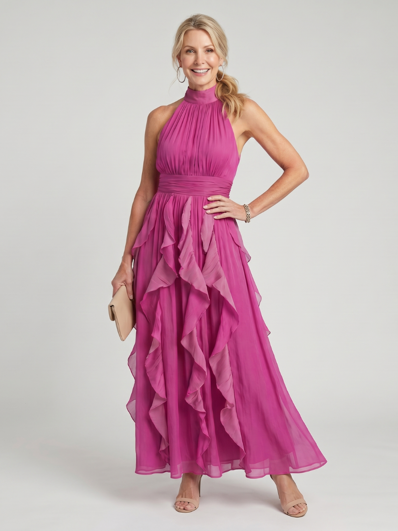 Victoria | High Neck Gathered Ruffle Layers Maxi Dress