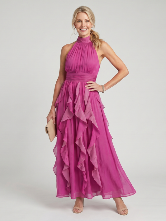 Victoria | High Neck Gathered Ruffle Layers Maxi Dress