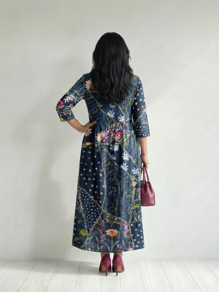 Cassandra | Gathered Patchwork Midi Dress