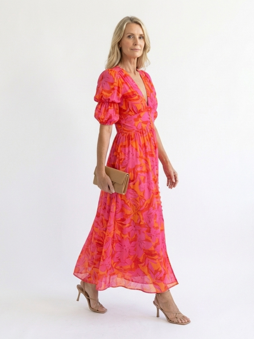 Gabrielle | Floral V Neck Puff Sleeve Midi Dress