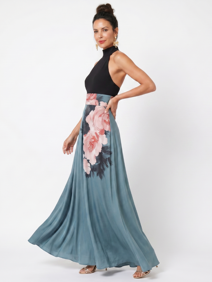 Victoria | Floral-Skirt Halter Maxi Dress