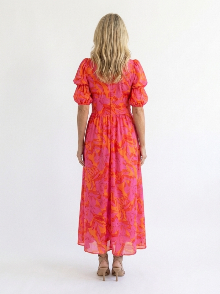 Gabrielle | Floral V Neck Puff Sleeve Midi Dress