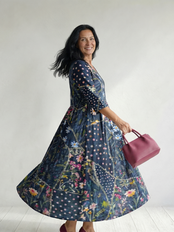 Cassandra | Gathered Patchwork Midi Dress