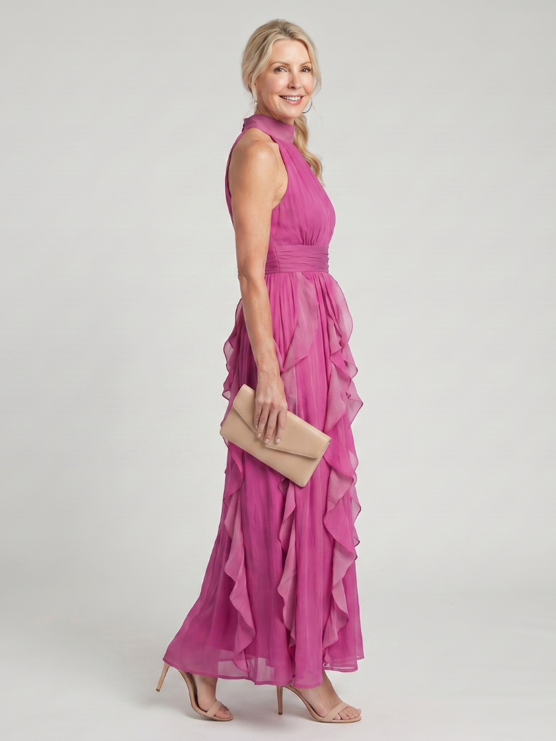 Victoria | High Neck Gathered Ruffle Layers Maxi Dress