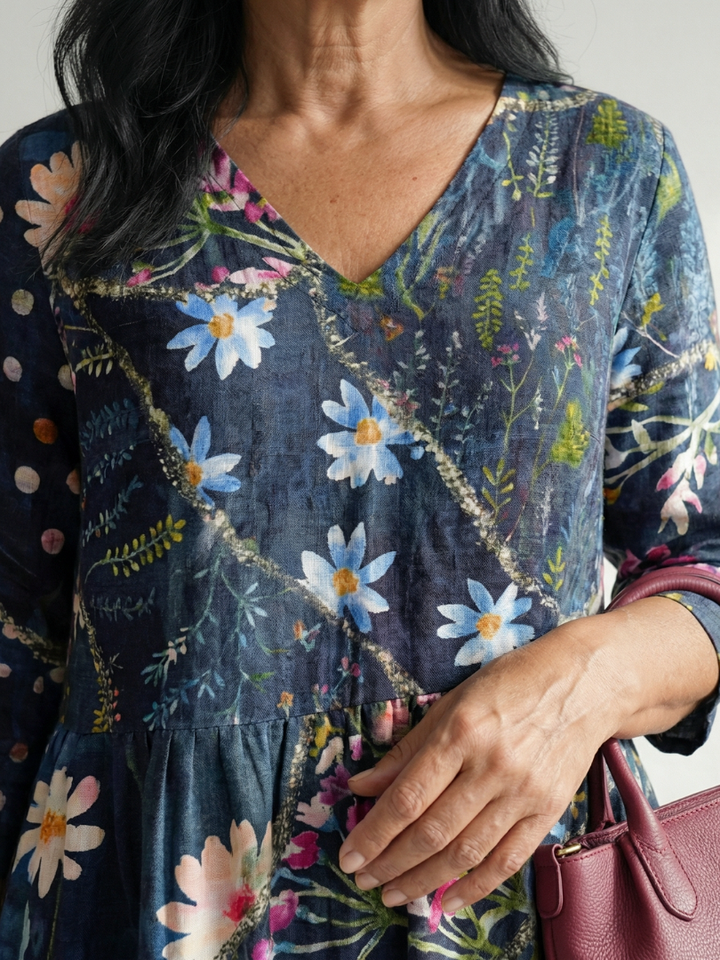 Cassandra | Gathered Patchwork Midi Dress