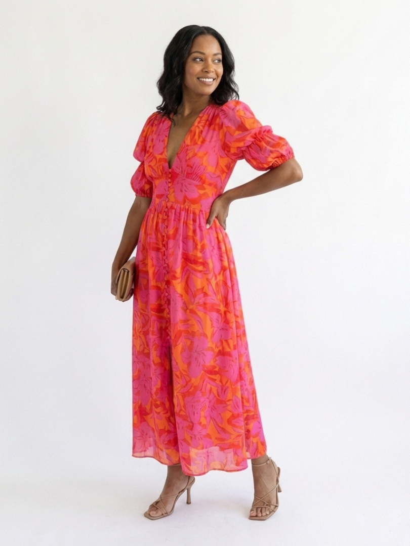Gabrielle | Floral V Neck Puff Sleeve Midi Dress
