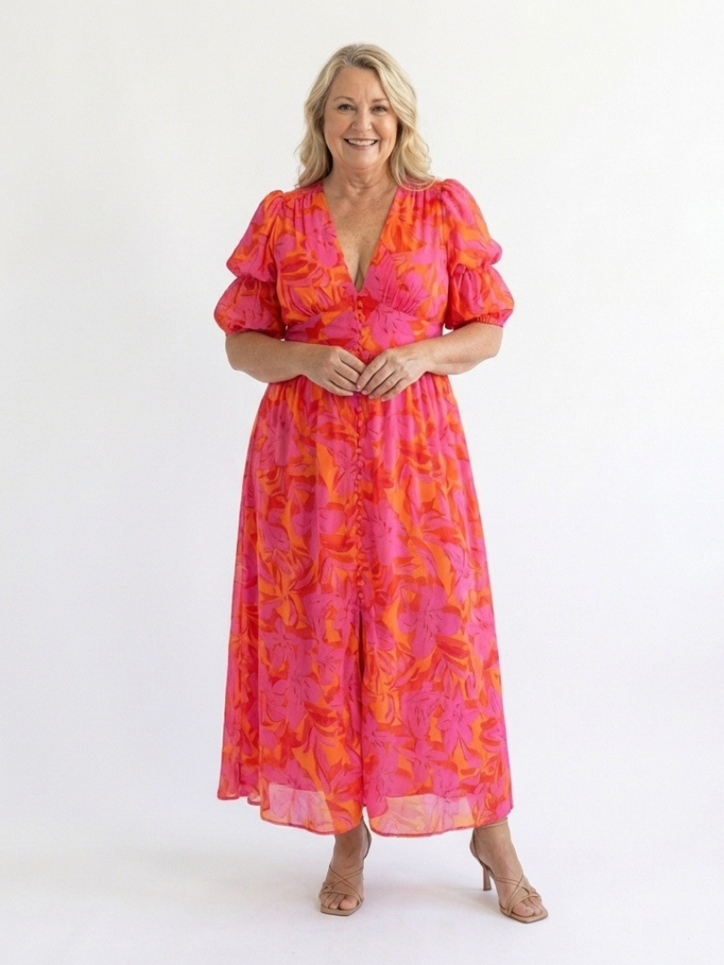 Gabrielle | Floral V Neck Puff Sleeve Midi Dress
