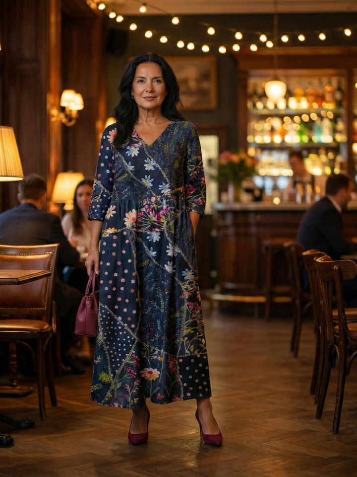 Cassandra | Gathered Patchwork Midi Dress