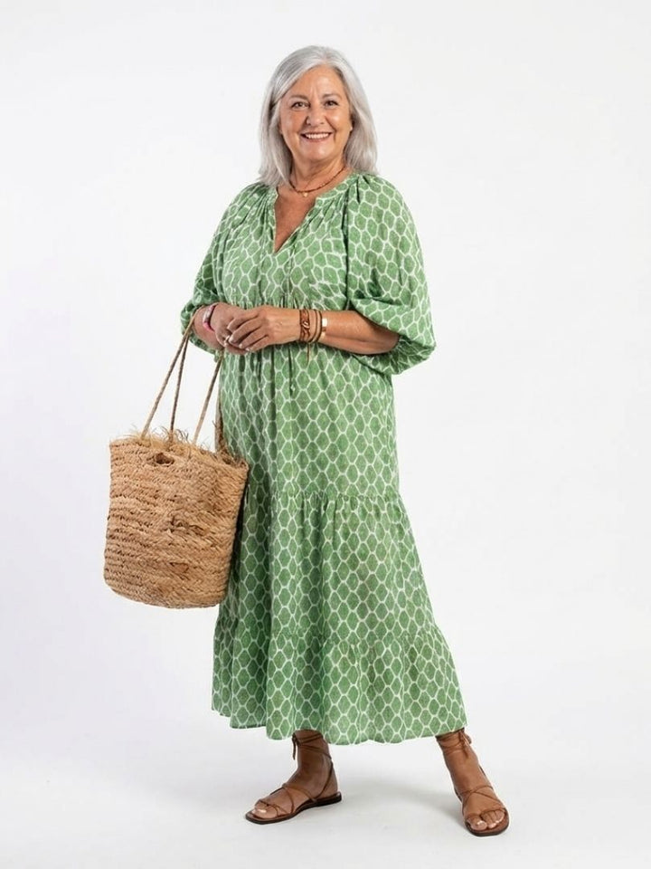 Claire | Three Quarter Sleeve V Neck Patterned Midi Dress