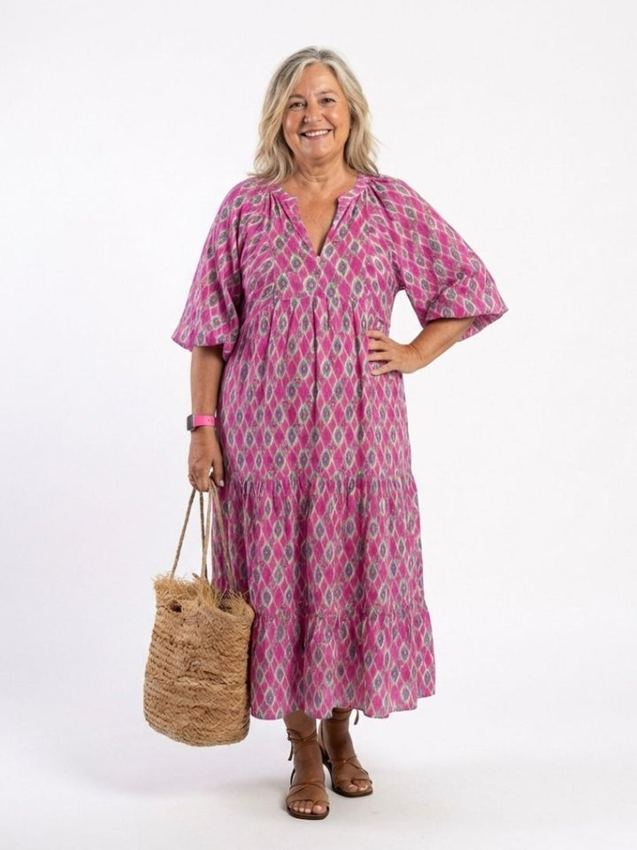 Claire | Three Quarter Sleeve V Neck Patterned Midi Dress