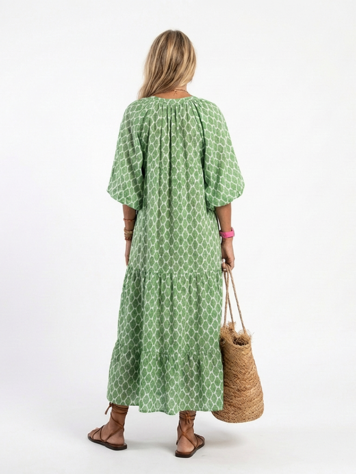 Claire | Three Quarter Sleeve V Neck Patterned Midi Dress