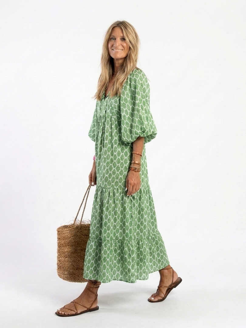 Claire | Three Quarter Sleeve V Neck Patterned Midi Dress