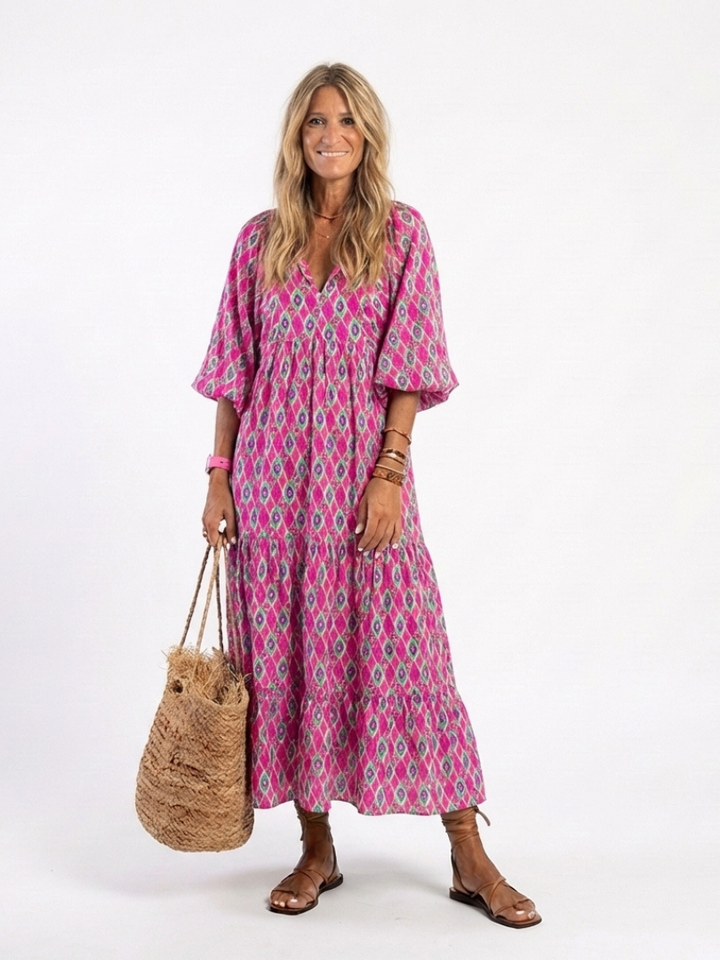 Claire | Three Quarter Sleeve V Neck Patterned Midi Dress