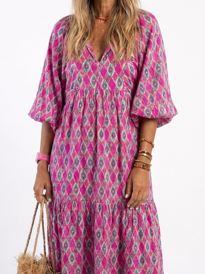 Claire | Three Quarter Sleeve V Neck Patterned Midi Dress