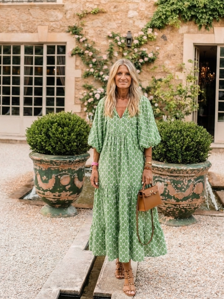Claire | Three Quarter Sleeve V Neck Patterned Midi Dress