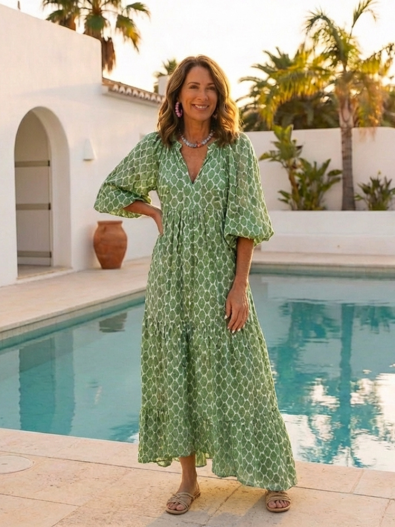 Claire | Three Quarter Sleeve V Neck Patterned Midi Dress