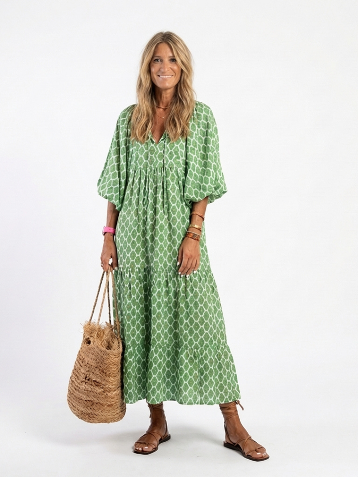 Claire | Three Quarter Sleeve V Neck Patterned Midi Dress