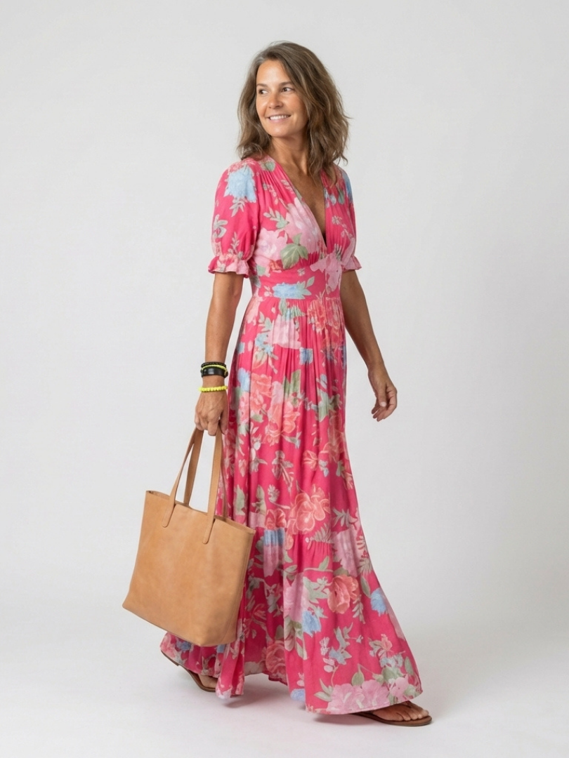Elise | Short Sleeve V Neck Floral Midi Dress