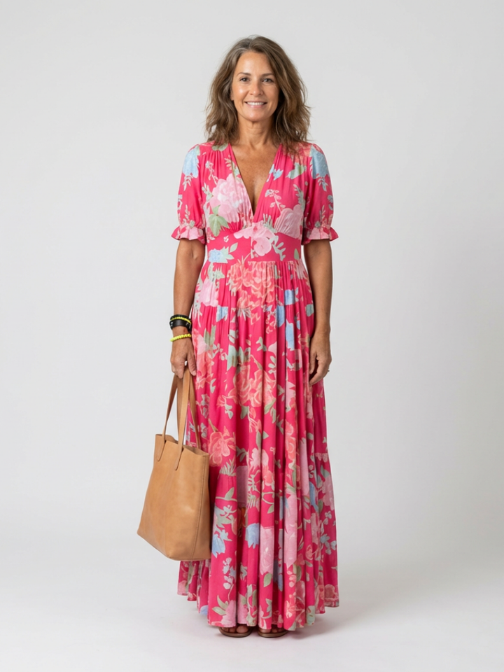 Elise | Short Sleeve V Neck Floral Midi Dress