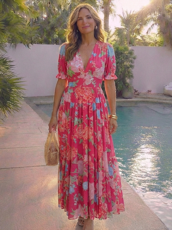 Elise | Short Sleeve V Neck Floral Midi Dress