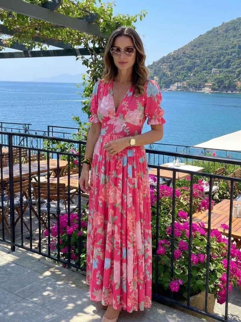 Elise | Short Sleeve V Neck Floral Midi Dress
