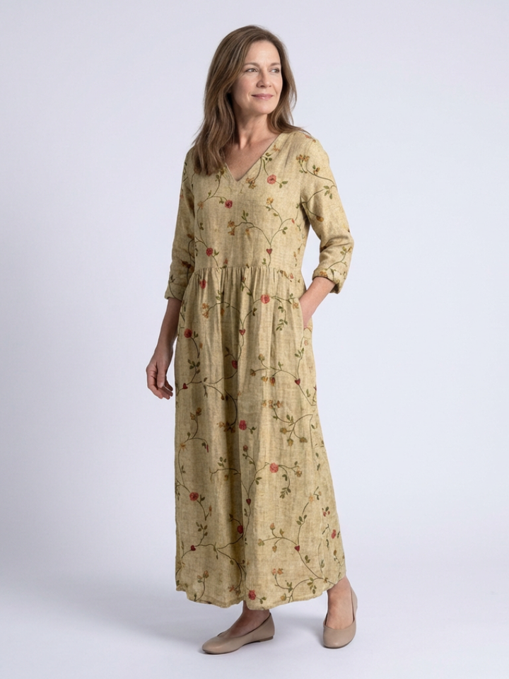 Phoebe | Floral V Neck Three Quarter Sleeve Maxi Dress