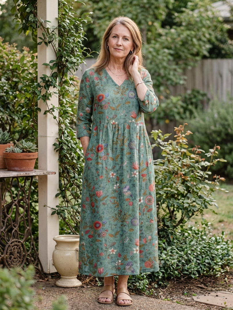 Phoebe | Floral V Neck Three Quarter Sleeve Maxi Dress