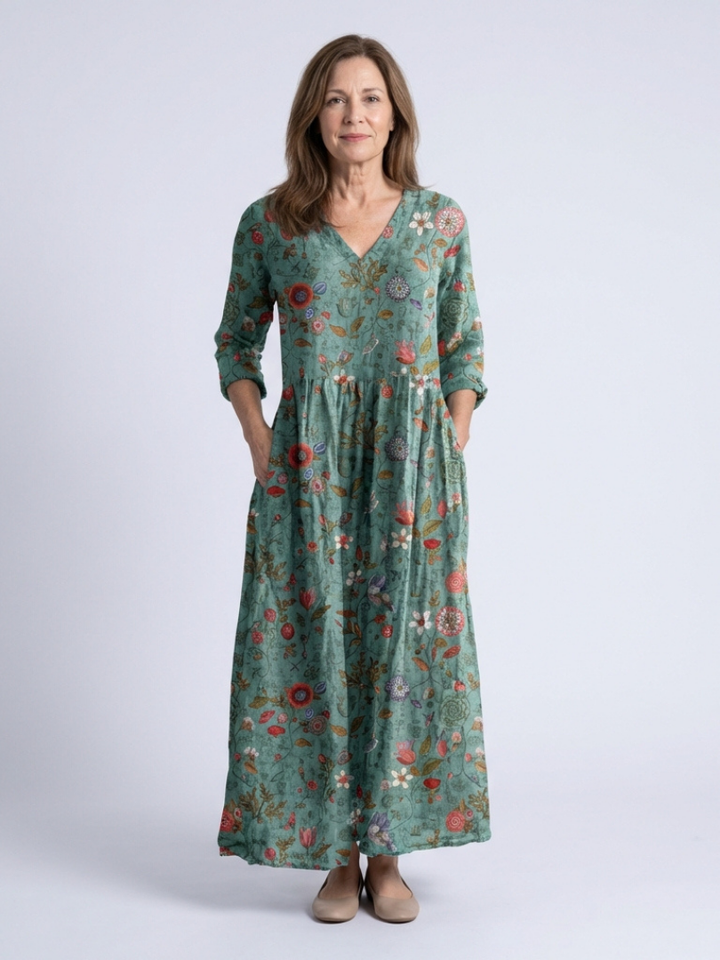 Phoebe | Floral V Neck Three Quarter Sleeve Maxi Dress