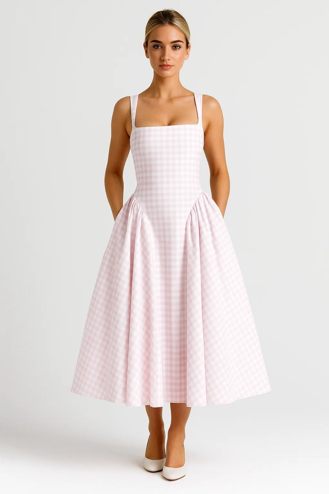 Robyn | Check Square-Neck Midi Dress