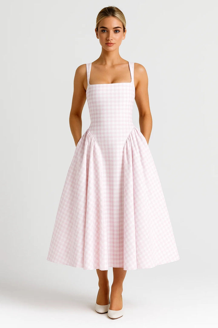 Robyn | Check Square-Neck Midi Dress