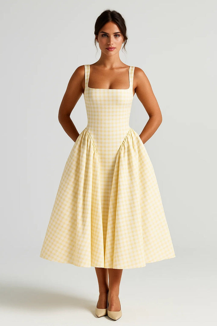 Robyn | Check Square-Neck Midi Dress