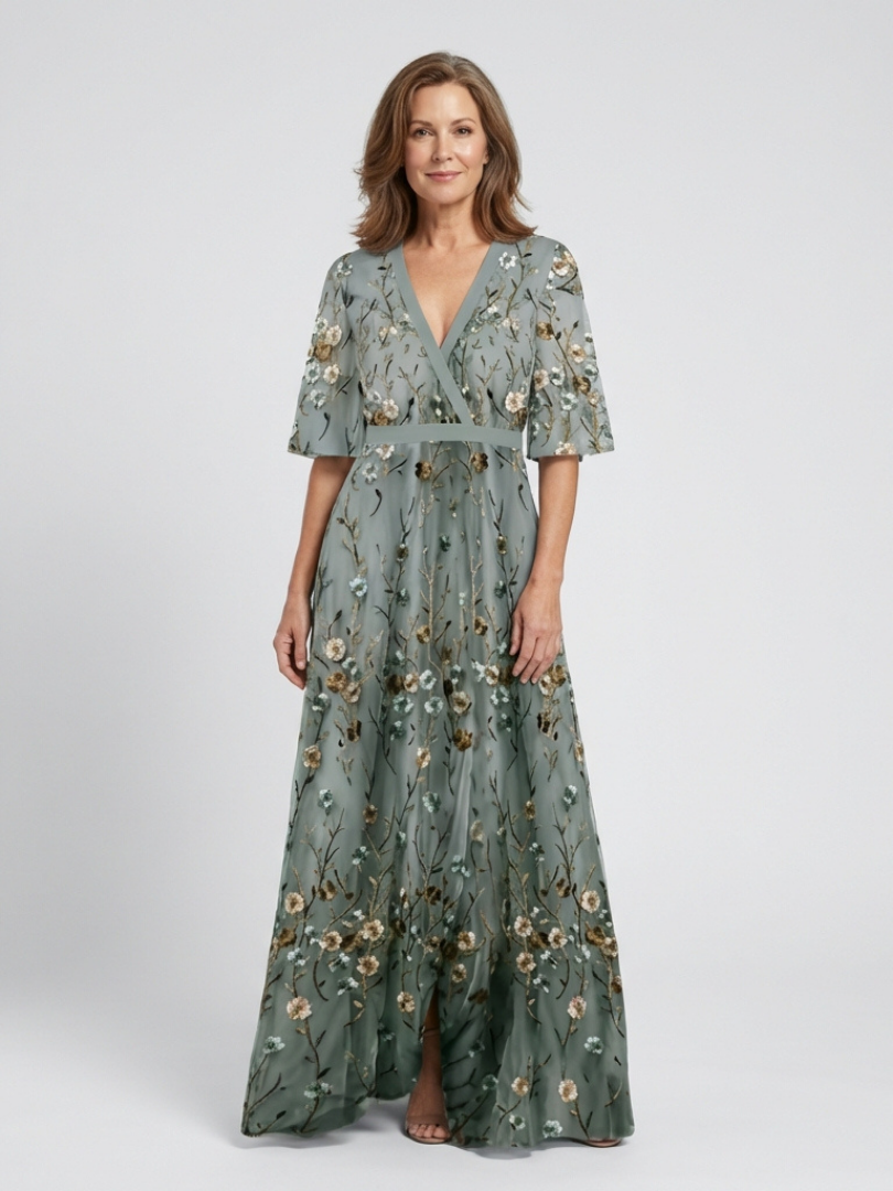 Olivia | Floral V Neck Short Sleeve Maxi Dress