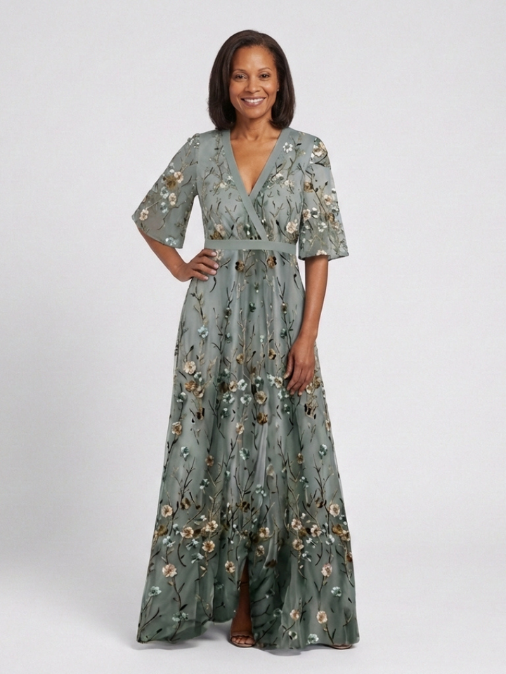 Olivia | Floral V Neck Short Sleeve Maxi Dress